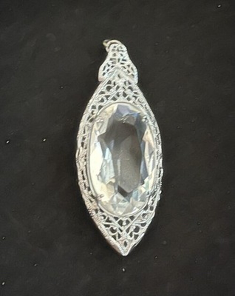 Vintage Czech Art Deco Filigree Silver Tone And Clear Glass Pendant . 2x1 Inche